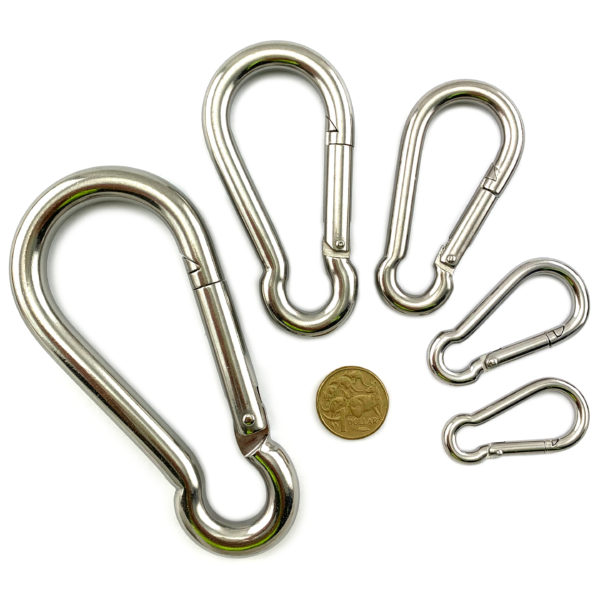 Stainless steel snap hook range, 5mm, 6mm, 8mm, 10mm, 12mm. Australia.