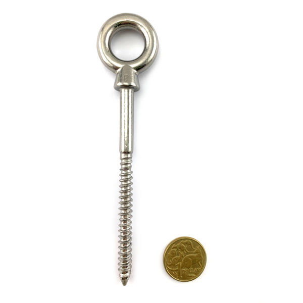 Stainless steel eye bolt, size 8mm with a 70mm timber thread