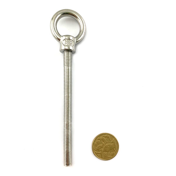 Lifting eye bolt, stainless steel, size 8mm with 100mm thread.