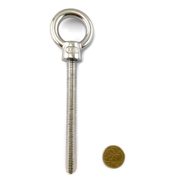 Lifting eye bolt, stainless steel, size 12mm with 120mm thread