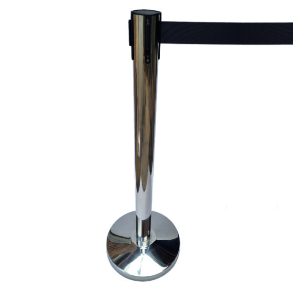 Bollard in Chrome Modern Style with in-built black 2m belt